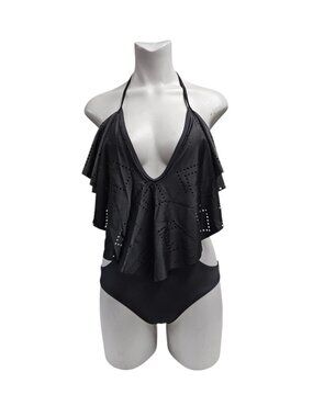 V-neck Halter flounce black monokini Swimwear . M